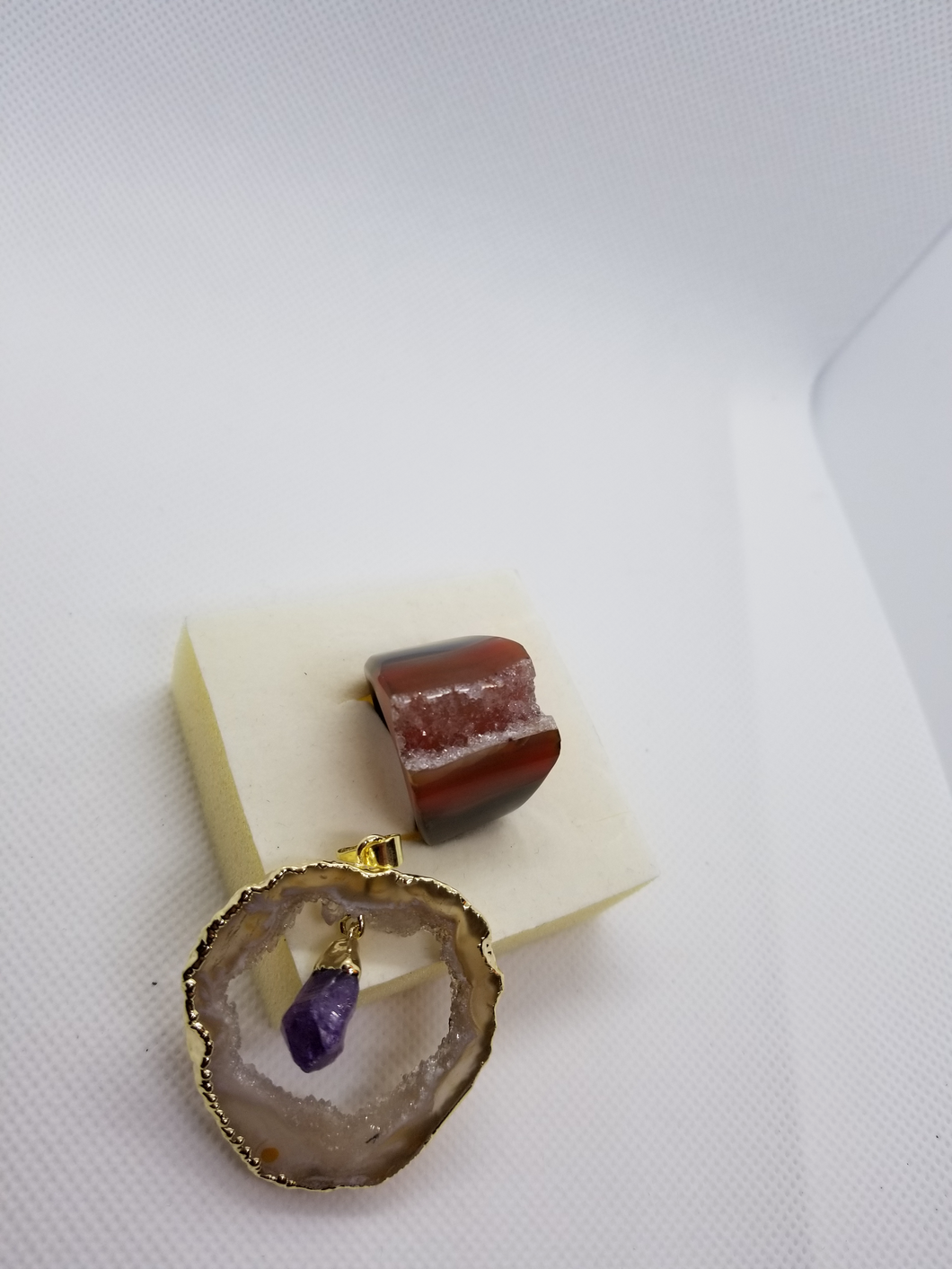 A Ring and a Pendant, Raw Red Agate Druzy Ring and Geode Slice with small Amethyst Dangle Point